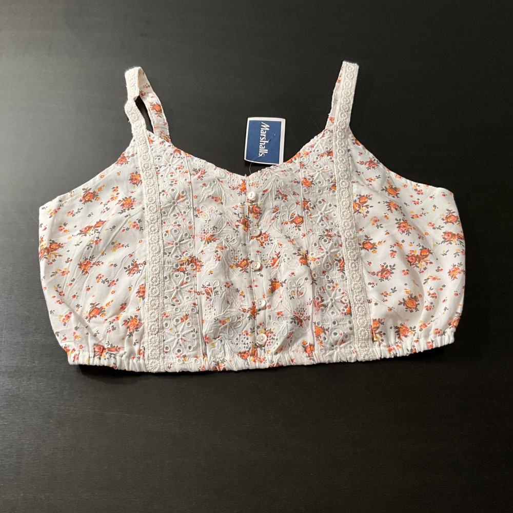 Joyana Floral Crop Top Eyelet Trim Sleeveless Blouse‎ Summer Boho White L